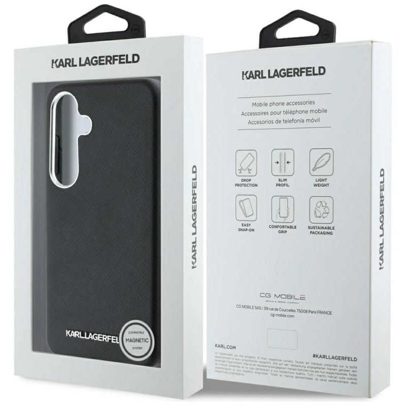 8. Karl Lagerfeld Saffiano Vollumwickelte MagSafe Hülle mit länglichem Metalllogo für Samsung Galaxy S25+ - Schwarz