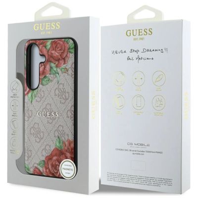 8. Guess Leather 4G Flowers Print Metal Classic Logo MagSafe Hülle für Samsung Galaxy S25 - Rosa
