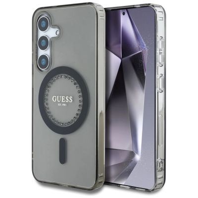 Guess Strass bedrucktes klassisches Logo MagSafe Samsung Galaxy S25 Hülle schwarz