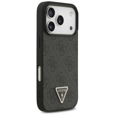 4. Guess Leather 4G Triangle Strass MagSafe Hülle für iPhone 18 Pro / 17 Pro - Schwarz