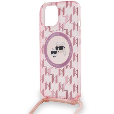 5. Karl Lagerfeld IML Crossbody Monogram Karl & Choupette Head MagSafe-Hülle für iPhone 15 / 14 / 13 – Rosa