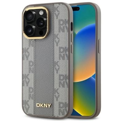 DKNY Leather Checkered Mono Pattern MagSafe-Hülle für iPhone 14 Pro – Beige
