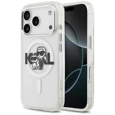 Karl Lagerfeld IML Glitter Karl & Choupette Sketch Logo MagSafe Case für iPhone 17 Pro – Transparent