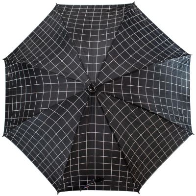 3. LANGER HALBAUTOMATISCHER REGENSCHIRM MIT GEBOGENEM GRIFF, SCHWARZ MIT WEISSEM KAROMUSTER SEMI LINE