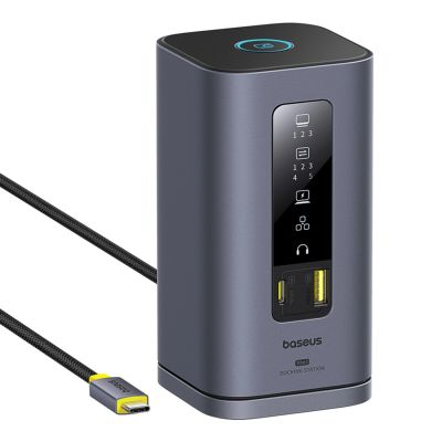 Baseus Spacemate Hub USB-C 11-in-1 Dockingstation mit 3x HDMI 4K 60Hz + 2x USB-A (10 Gbit/s) + 1x USB-C (10 Gbit/s) + RJ45 + 2x USB-A (480 Mbit/s) + 1x USB-C (PD) + 1x 3,5-mm-Klinkenbuchse – Grau