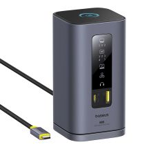 Baseus Spacemate Hub USB-C 11-in-1 Dockingstation mit 3x HDMI 4K 60Hz + 2x USB-A (10 Gbit/s) + 1x USB-C (10 Gbit/s) + RJ45 + 2x USB-A (480 Mbit/s) + 1x USB-C (PD) + 1x 3,5-mm-Klinkenbuchse – Grau