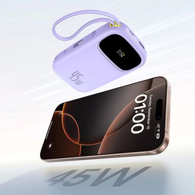 7. Baseus EnerFill FC31 20000mAh 45W Powerbank mit Display, USB-C- und Lightning Kabeln – Lila