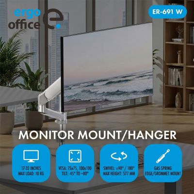 3. ERGO Büromonitorhalterung mit Gasfeder, 17"-32", 1-10 kg, mattweiß, max. VESA 100x100, ER-691 W