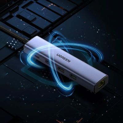 26. Ugreen Multifunktionsadapter HUB USB 3.0 - 3 x USB / Ethernet RJ-45 / USB Typ C PD grau (CM475)