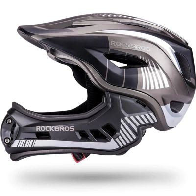 2. Rockbros TT-32SBTG-M Kinderfahrradhelm mit abnehmbarem Kinnbügel, Größe M – Grau