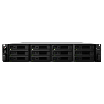 Synology RS3618xs NAS; 2U-Rack; 12x (3,5"-SATA-HDD/2,5"-SATA-HDD); Intel Xeon D-1521; 8 GB DDR4 ECC UDIMM (max. 64 GB), 4x 1GbE RJ-45