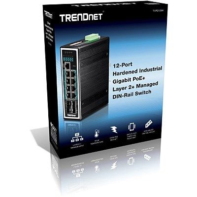4. TRENDnet 12-Port Gigabit Managed L2+ PoE+ Metal Industrial Switch