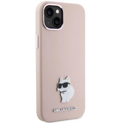 4. Karl Lagerfeld Silikon Choupette Metall Pin Hülle für iPhone 15 Plus / 14 Plus – Rosa