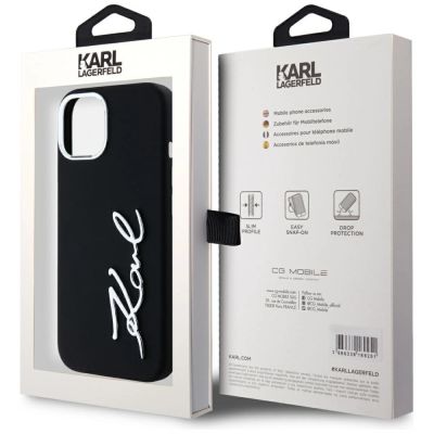 8. Karl Lagerfeld Silikon Metall Script Logo iPhone 15 Hülle - Schwarz