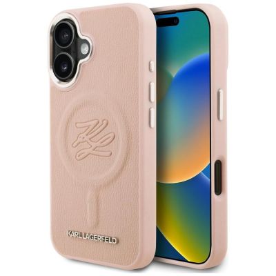 Karl Lagerfeld MagSafe iPhone 16 Hülle mit Initialen und Metalllogo – Pink