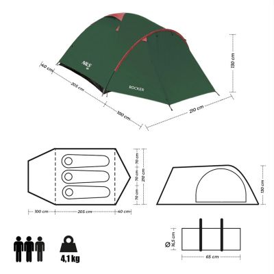 8. NILS CAMP Rocker NC6013 Campingzelt für 3 Personen, grün und rot