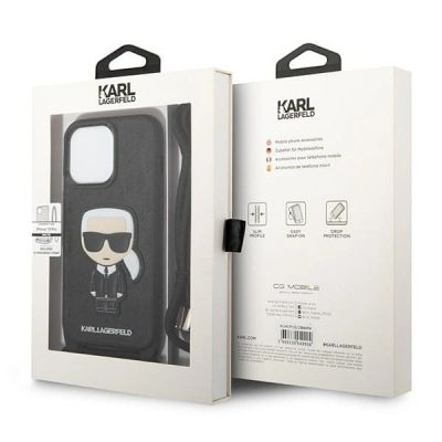 7. Karl Lagerfeld Iconik Case aus Leder mit Monogramm-Patch und Kordel für iPhone 13 Pro / 13 - Schwarz