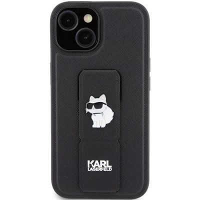 3. Karl Lagerfeld Gripstand Saffiano Choupette Pins Hülle für iPhone 15 – Schwarz