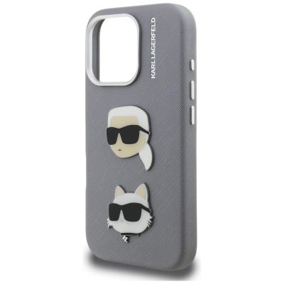 6. Karl Lagerfeld FW Grained Karl & Choupette Heads Pins Hülle für iPhone 16 Pro Max - Grau