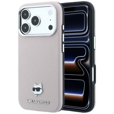 Karl Lagerfeld MagSafe-Schutzhülle mit Choupette-Kopf-Motiv aus genarbtem Metall für iPhone 17 Pro / 18 Pro – Pink