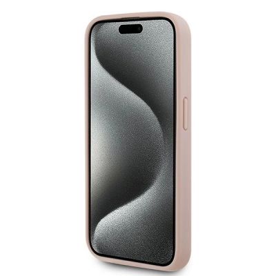 5. Karl Lagerfeld Leder-Monogramm-Metall-Logo-Hülle für iPhone 15 Pro – Rosa