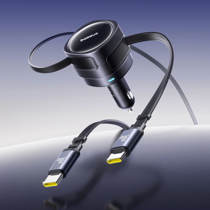 6. Baseus Enjoyment Max 60W Autoladegerät mit zwei einziehbaren USB-C-Kabeln – Schwarz