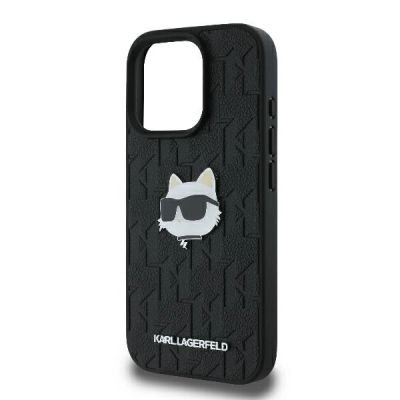 6. Karl Lagerfeld Monogram Choupette Head Pin Hülle für iPhone 16 Pro – Schwarz