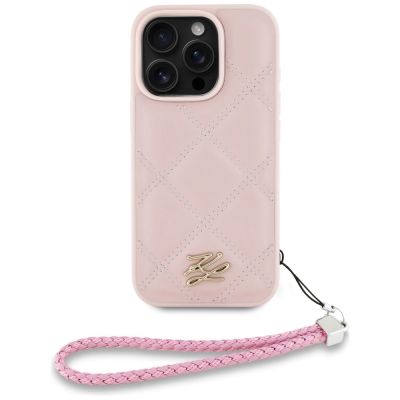 2. Karl Lagerfeld iPhone 16 Pro Hülle mit gestepptem Initialen-Logo und Kettenriemen – Rosa