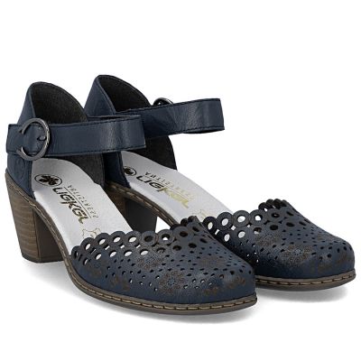 3. Damen-Ledersandalen mit bequemem Absatz, durchbrochenes Muster, marineblau, Rieker 40902-14
