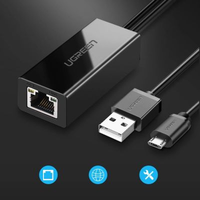 2. Ugreen 30985 Externe Netzwerkkarte für Chromecast mit Micro-USB-/USB-A-Anschlüssen 100 Mbit/s 1 m – Schwarz
