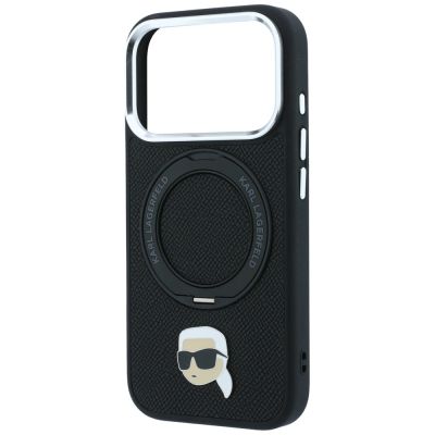 6. Karl Lagerfeld mit Ringständer 360°-Karl-Kopf-Pin MagSafe-Hülle für iPhone 18 Pro Max / 17 Pro Max – Schwarz