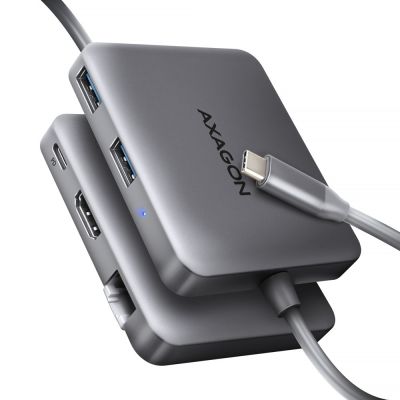 Axagon N HMC-5HL USB-5-Gbit/s-Hub, 2x USB-A, HDMI 4K/60 Hz, RJ-45 GLAN, PD 100 W, USB-C-Kabel, kabelgebunden, USB 3.2 Gen 1 (3.1 Gen 1) Type-C, Silber