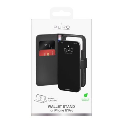 2. Puro Wallet Stand Case für iPhone 17 Pro aus Öko-Leder, mit Klappe, Geldbörse und Standfunktion - Schwarz
