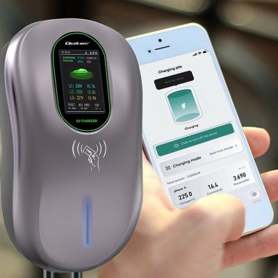10. Qoltec EV-Ladestation 2in1 Typ 2 22kW Wi-Fi LCD RFID 3-Phasen-Wanddose 5m