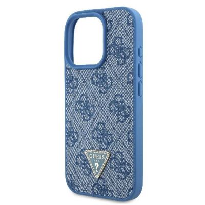 6. Guess Umhängetasche aus Leder mit Metall-Logo und Strass für iPhone 16 Pro – Blau