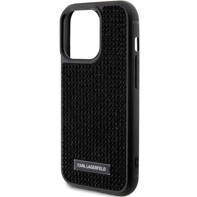 6. Karl Lagerfeld Rhinestone Logo Metal Plate Hülle für iPhone 15 Pro Max – Schwarz