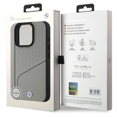 7. BMW Logo Lederstruktur und Line MagSafe Hülle für iPhone 16 Pro - Grau