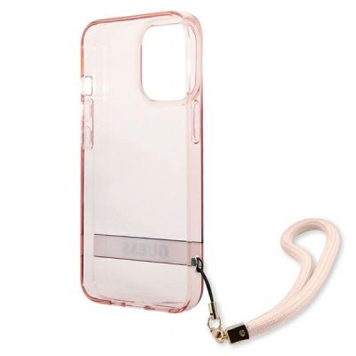 7. Guess Transparente Schutzhülle mit Riemen für iPhone 13 Pro Max – Pink