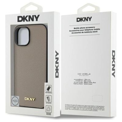 8. DKNY MagSafe iPhone 15 Hülle mit genarbtem Metalllogo – Beige
