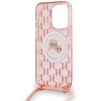 6. Karl Lagerfeld IML Crossbody Monogram Karl & Choupette Head MagSafe-Hülle für iPhone 15 Pro – Rosa