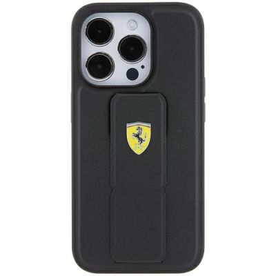 4. Ferrari Grip Stand Metall-Logo-Hülle für iPhone 15 Pro – Schwarz