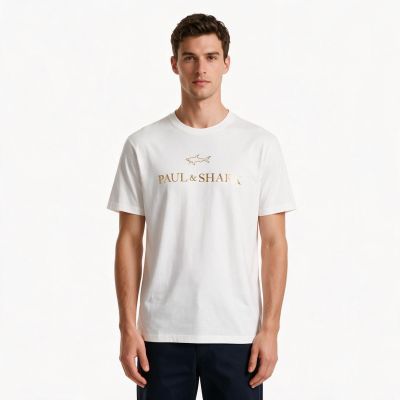 Paul&Shark Herren-T-Shirt aus Baumwolle, Weiß und Gold, 99311007-10E – Klassischer Schnitt, Logo