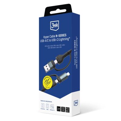 8. 3mk Hyper Cable N-SERIES 2-in-2 USB-A/USB-C und USB-C/ Lightning 1,2 m QC 3.0 9 V/2 A 60 W – Schwarz