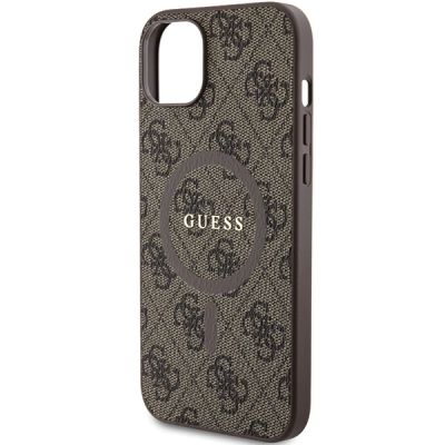 6. Guess 4G Collection Leder Metall Logo MagSafe Hülle für iPhone 15 Plus / 14 Plus – Braun