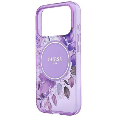 5. Guess IML Flowers Pearl Strap MagSafe Hülle für iPhone 18 Pro / 17 Pro – lila