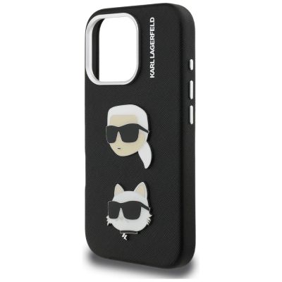 6. Karl Lagerfeld FW Grained Karl & Choupette Heads Pins Hülle für iPhone 16 Pro Max - Schwarz