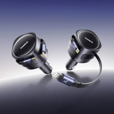 8. Baseus Enjoyment Max 60W Autoladegerät mit zwei einziehbaren USB-C-Kabeln – Schwarz