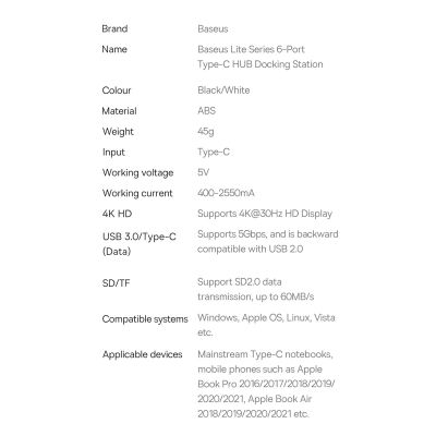 20. Baseus Lite Series multifunktionaler USB-Typ-C-HUB – 2 x USB 3.0 / USB Typ C / HDMI 1.4 / SD/TF OTG schwarz (WKQX050001)