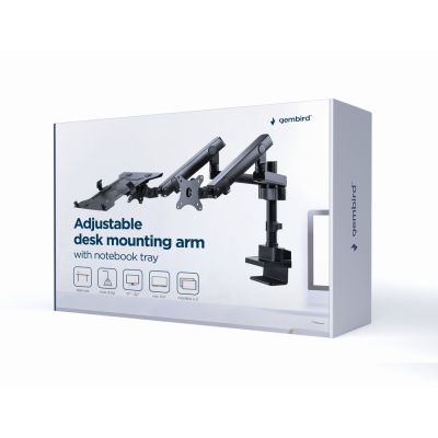 7. GEMBIRD VERSTELLBARER TISCHARM/-HALTERUNG FÜR 2 MONITORE + NOTEBOOK-ABLAGE 17–32, VESA 100 X 100 MM, BIS 8 KG