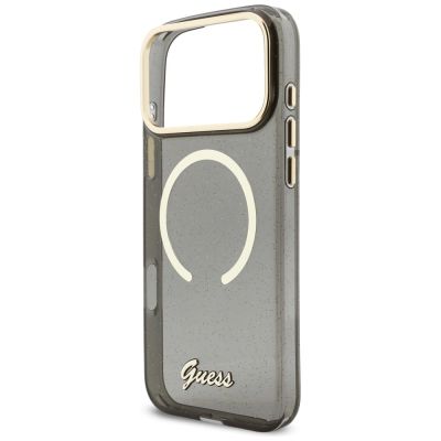 5. Guess IML Glitters Script Strap MagSafe Hülle für iPhone 17 Pro Max - Schwarz